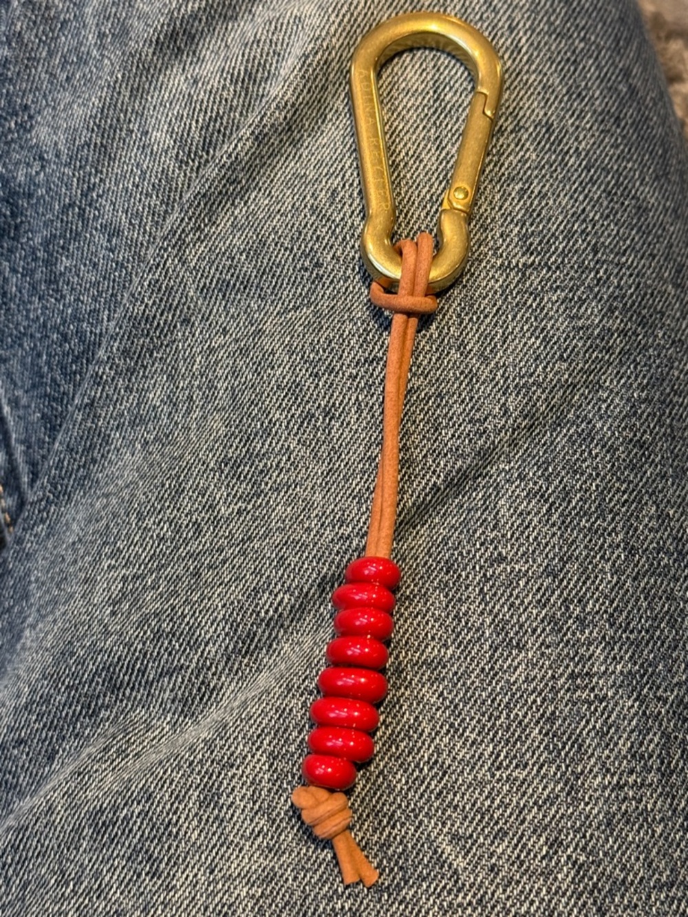 Adina Reyter SS Red Beaded Leather Keychain with Brass Carabiner
